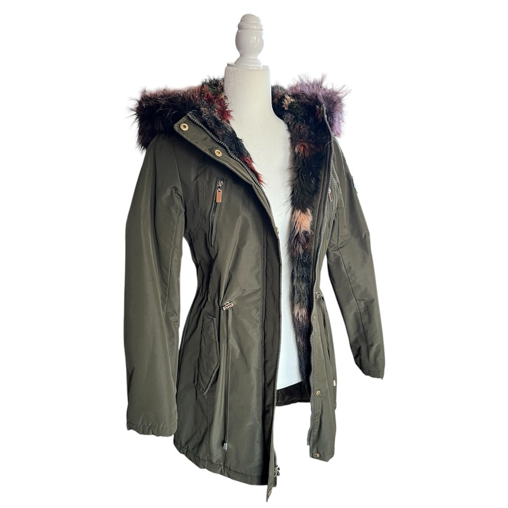 Wildflower dark khaki green puff parka jacket with faux fur trim and hood